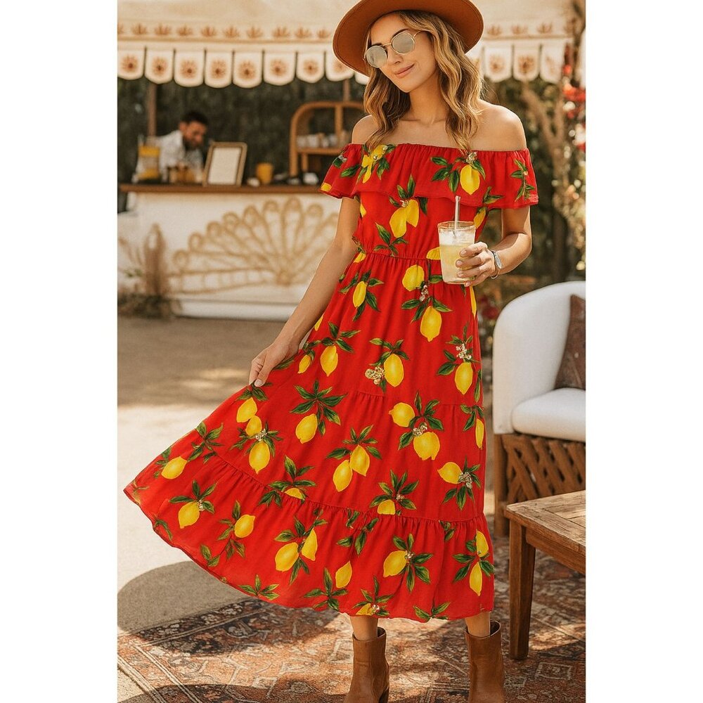 Alexia Admor NWT $329 Maxi Dress Lemon Print on Red Off Shoulder Womens Size XS